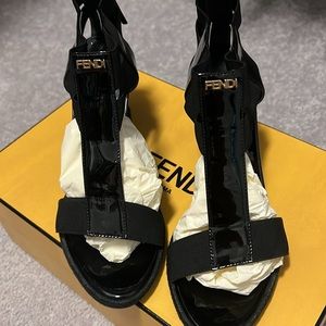 Fendi Black Patent Leather Ankle Strap Wedge Sandals with Gold FENDI size 37